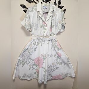 Vintage Bedford Fair Floral Dress | Beige Button-Front Midi Made in USA Cotton